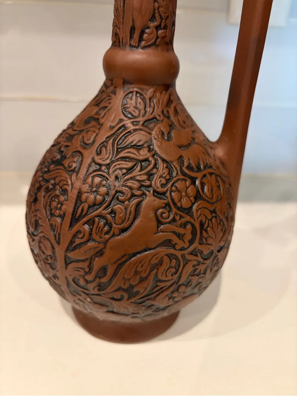 Vintage Handcrafted Brown Decorative Floral Pitcher Vase - Unbranded